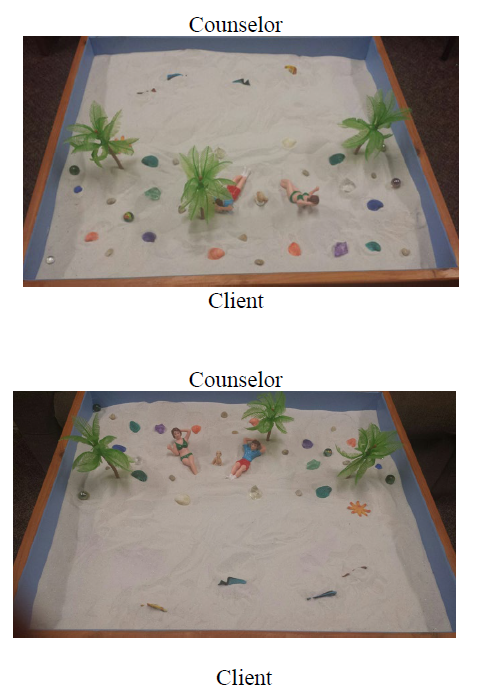 Two images of sandtrays mirror each other. The top image has a beach scene set up in the top half of the sandtray and is labeled 'Counselor' on top and 'Client' on the bottom. The second image has the same labels, but the beach scene is on the bottom half of the tray.