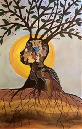 Painting of a tree with a trunk shaped like the profile of a human head which features diverse humans inside of it and a sunset in the background
